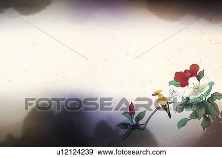 Traditional Chinese-styled painting of a bird perched on a branch with flower blossoms, digitally generated View Large Illustration Stock Illustration - Traditional Chinese-styled painting of a bird perched on a branch with flower blossoms, digitally generated. Fotosearch
