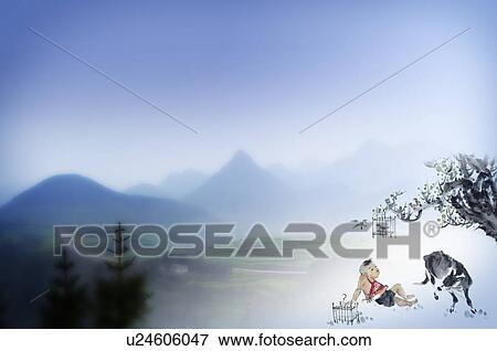 Traditional Chinese-styled painting of a boy, and a foal grazing, with mountain scenery in the background, digitally generated image View Large Illustration Stock Illustration - Traditional Chinese-styled painting of a boy, and a foal grazing, with mountain scenery in the background, digitally generated image. Fotosearch
