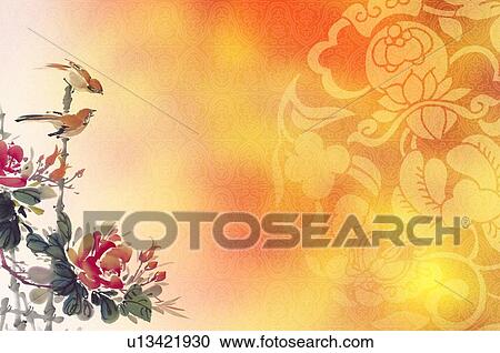 Clipart - Traditional Chinese-styled pattern, with a painting of dahlias and two birds. Fotosearch
