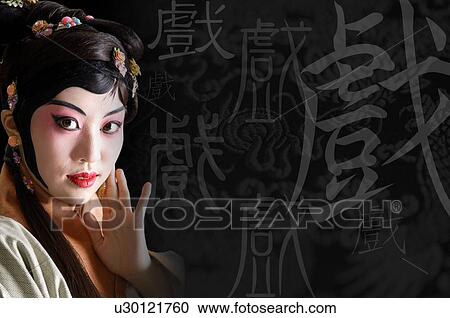 Clipart - Young woman dressed up in traditional Chinese opera clothing and makeup. Fotosearch