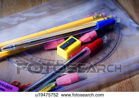 Stock Image - Zippered pencil bag of school supplies. Fotosearch