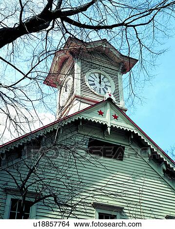 Picture - trunk, sky, roof, clock, bell tower, skies. Fotosearch
