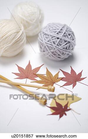 Stock Photo - Maple leaves and balls of wool. Fotosearch