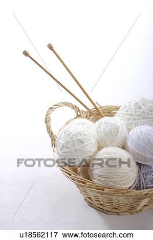 Stock Photo - Wool balls and knitting needles in a basket. Fotosearch