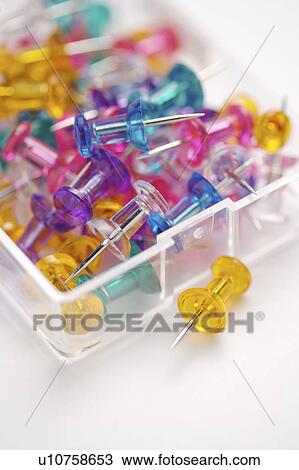 Stock Image - Box of Straight pins, close-up. Fotosearch