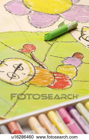 Child's drawing and crayons View Large Photo Image Stock Image - Child's drawing and crayons. Fotosearch