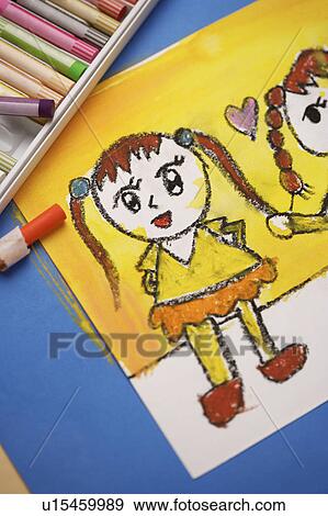 Stock Photo - Child's drawing and crayons. Fotosearch