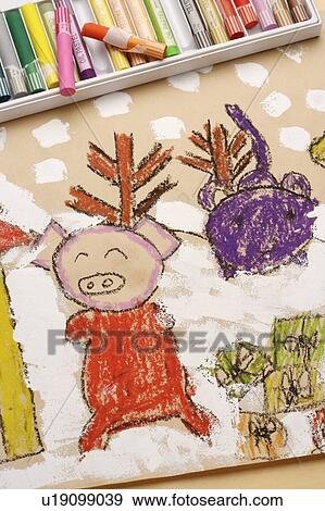 Stock Photo - Child's drawing and crayons. Fotosearch
