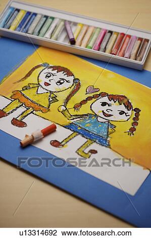 Child's drawing with crayons View Large Photo Image Stock Image - Child's drawing with crayons. Fotosearch
