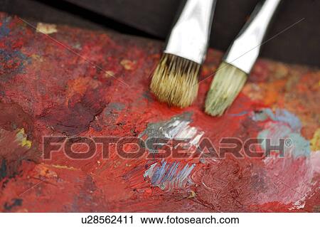 Stock Image - Oil painting and brushes. Fotosearch