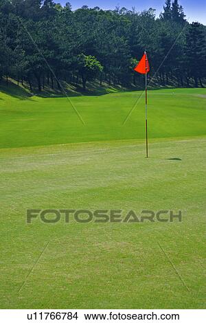 Picture - Red flag in putting green. Fotosearch