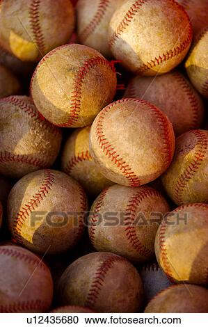 Stock Image - Used baseballs, full frame. Fotosearch