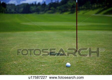Stock Photo - Flag and golf ball on putting green . Fotosearch