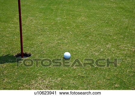 Golf ball beside hole containing flag pole View Large Photo Image Stock Image - Golf ball beside hole containing flag pole. Fotosearch