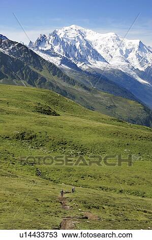 Stock Image - Mountain bikers in front of Mont Blanc, Col de Balme, Chamonix, France. Fotosearch