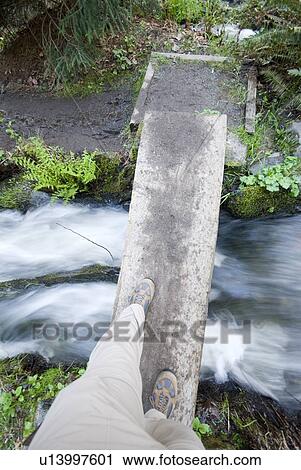 A view of a hikers feet as he walks across a narrow bridge over a rushing creek, Royal Roads University Campus near Victoria, BC, Canada View Large Photo Image Stock Image - A view of a hikers feet as he walks across a narrow bridge over a rushing creek, Royal Roads University Campus near Victoria, BC, Canada. Fotosearch