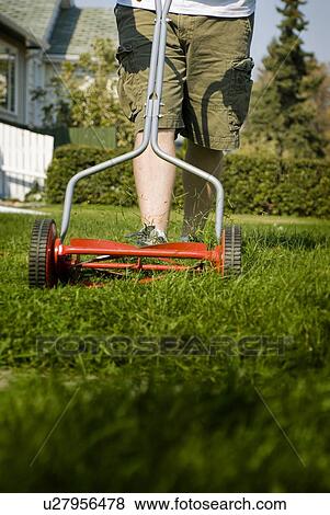 Mowing lawn with a reel mower, for exercise and to reduce energy use, Regina, Saskatchewan View Large Photo Image Stock Photo - Mowing lawn with a reel mower, for exercise and to reduce energy use, Regina, Saskatchewan. Fotosearch