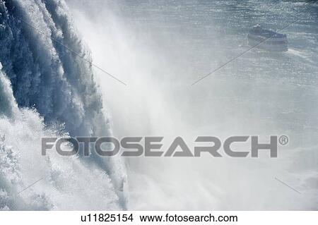 Picture - The American Falls photographed from Prospect Point - Niagara Falls State Park - Niagara Falls New York USA with the Maid of the Mist in the background, USA, New York, Niagara Falls. Fotosearch