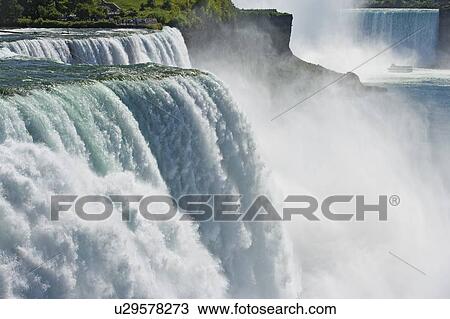 Stock Image - The American Falls photographed from Prospect Point - Niagara Falls State Park - Niagara Falls New York USA with the Maid of the Mist and Horseshoe Falls in the background, USA, New York, Niagara Fa. Fotosearch