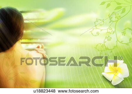 Stock Illustration - A women bathing in water with frangipani (composite). Fotosearch