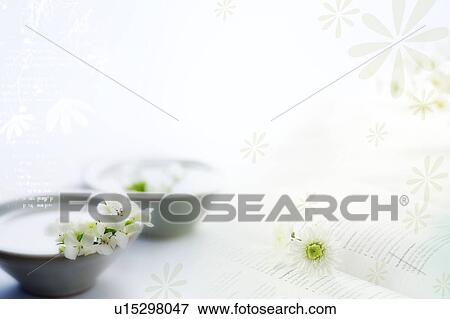 Stock Illustration - Flowers in two bowls of water (composite) on a table. Fotosearch