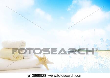 Rolled towel and starfish on folded towel in blue sky (composite) View Large Illustration Stock Illustration - Rolled towel and starfish on folded towel in blue sky (composite). Fotosearch