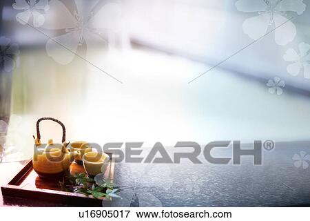 Stock Illustration - Tea set with tea pot and two tea cups (composite). Fotosearch