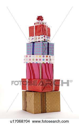 Close-up of wrapped presents in stack View Large Photo Image Picture - Close-up of wrapped presents in stack. Fotosearch