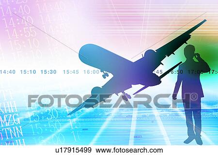 シルエット の A ビジネス男 中に 背景 の 飛行機 そして フライトスケジュール イラスト U Fotosearch