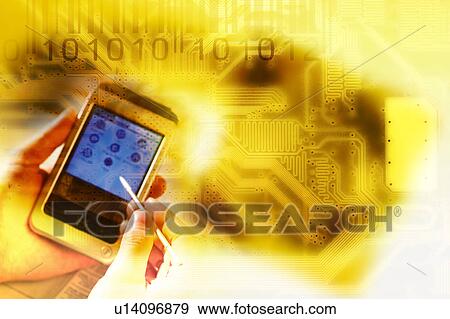 Stock Illustration - A man using a personal digital assistant with background of a circuit board. Fotosearch