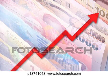 Drawing - An arrow sign pointing upward, with money as background. Fotosearch