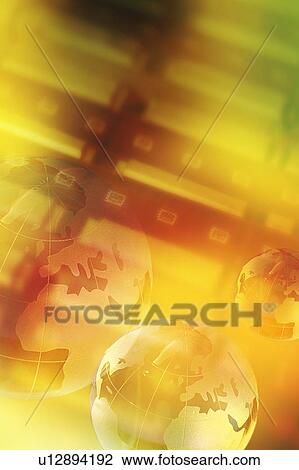 Drawing - Circuit board and globes, composite images. Fotosearch
