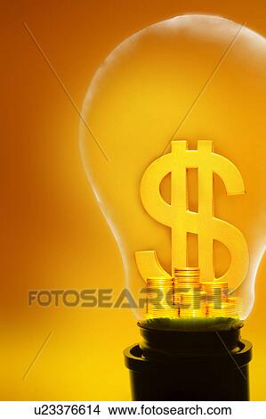 Dollar sign, golden coins in a bulb, composite View Large Illustration Stock Illustration - Dollar sign, golden coins in a bulb, composite. Fotosearch