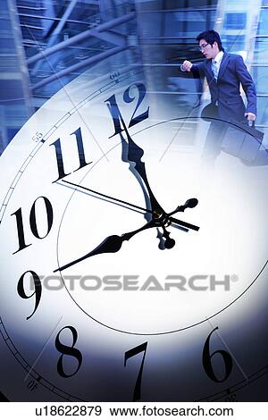 Stock Illustration - Man looking at the watch and hurrying to work. Fotosearch