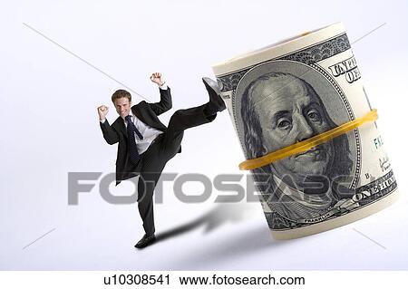 Man raising foot toward the curled US paper dollars View Large Illustration Clip Art - Man raising foot toward the curled US paper dollars. Fotosearch
