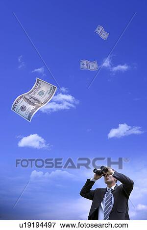 Man using telescope, finding paper money in the sky View Large Illustration Stock Illustration - Man using telescope, finding paper money in the sky. Fotosearch
