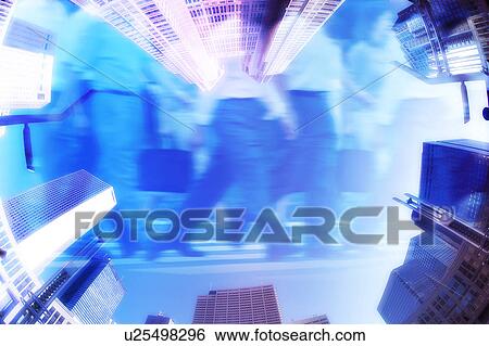 Stock Illustration - People going to work, composite with buildings. Fotosearch