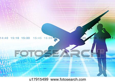 Silhouette of a business man in background of airplane and flight schedule View Large Illustration Stock Illustration - Silhouette of a business man in background of airplane and flight schedule. Fotosearch