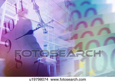 Stock Illustration - Silhouette of a man going to work with composite images of clock and paper money. Fotosearch
