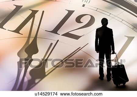 Silhouette of a man holding a suitcase in background of a big clock View Large Illustration Stock Illustration - Silhouette of a man holding a suitcase in background of a big clock. Fotosearch