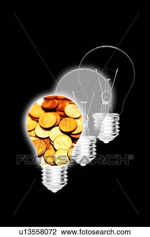 Three bulbs and one with golden coins View Large Illustration Drawing - Three bulbs and one with golden coins. Fotosearch