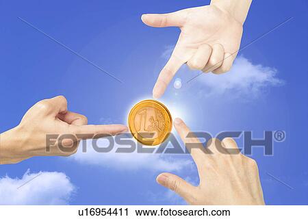 Three hands pointing at a golden coin View Large Illustration Clip Art - Three hands pointing at a golden coin. Fotosearch