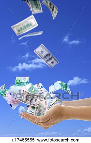 Stock Illustration - Two hands cupping paper money falling from heaven. Fotosearch