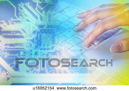 Stock Illustration - Woman's hand touching the keyboard composite with circuit board. Fotosearch