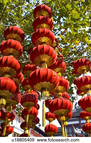 Close-up of Chinese lanterns hanging on the tree, in a row View Large Photo Image Stock Photo - Close-up of Chinese lanterns hanging on the tree, in a row. Fotosearch