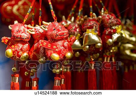 Close-up of Chinese New Year decorations in the shape of animals View Large Photo Image Stock Photo - Close-up of Chinese New Year decorations in the shape of animals. Fotosearch