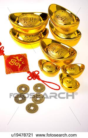 Close-up of gold ingots, tassel and Chinese coins View Large Photo Image Stock Image - Close-up of gold ingots, tassel and Chinese coins. Fotosearch