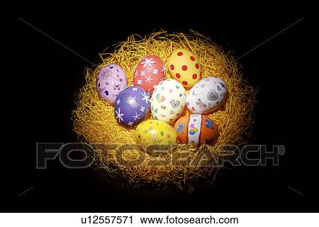 Easter eggs in nest against black background View Large Photo Image Stock Image - Easter eggs in nest against black background. Fotosearch