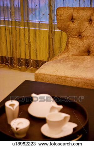 Tea set on table in room View Large Photo Image Stock Image - Tea set on table in room. Fotosearch