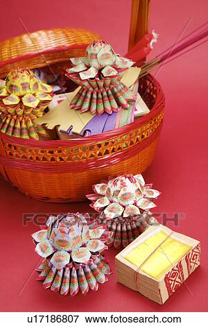 Stock Photo - Basket with sacrifices for Tomb Sweeping Day. Fotosearch
